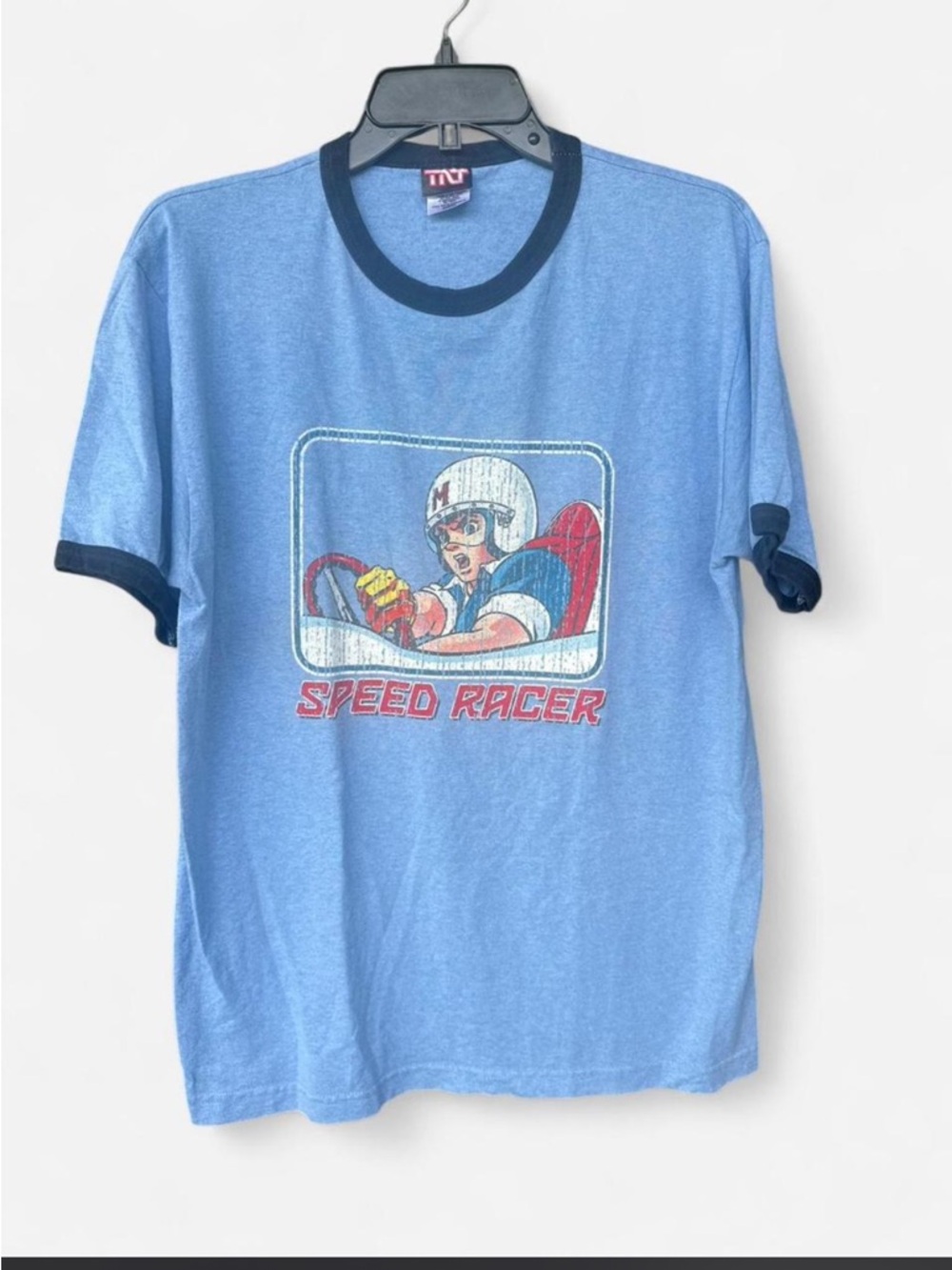Speed Racer Vintage Graphic Tee in Light Blue with Navy Trim